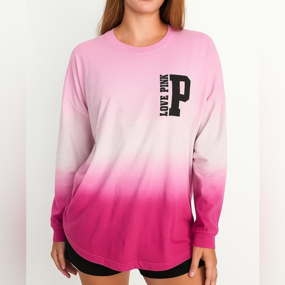 PINK VS Pink Black Long Sleeve Oversized Ombre Varsity Jersey Sweatshirt Large - Picture 1 of 9